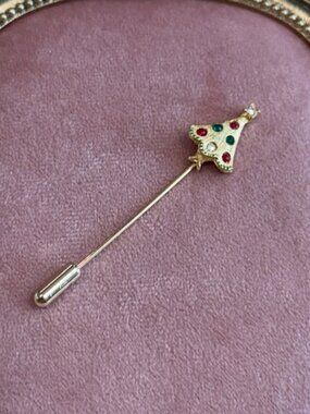 Christmas Tree Rhinestone Stick Lapel Pin Gold Tone‎ Holiday Jewelry